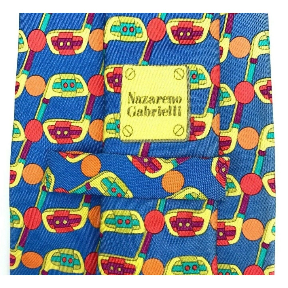 Nazareno Gabrielli Tie Blue Multicolor Golf Clubs Sport Woven Mens Silk Necktie - Picture 8 of 10